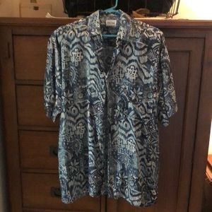 Cesar silk tiki Hawaiian shirt short sleeves tribal spirals tattoo blues hula